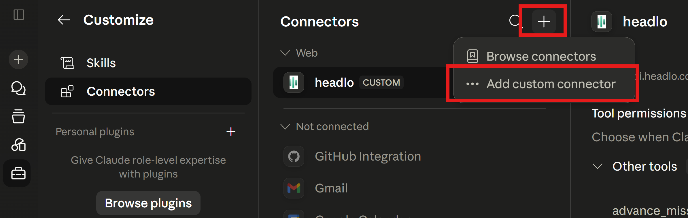 Claude.ai connectors page